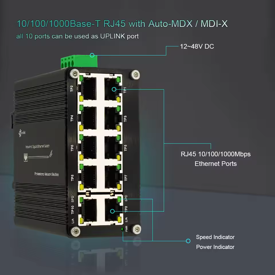 نمای جلوی سوئیچ PoE با پورت‌های RJ45 گیگابیت و نصب railmount